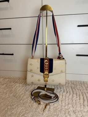 Gucci Sylvie Crossbody with Gold Star & Bee and Red-Blue Stripe strap